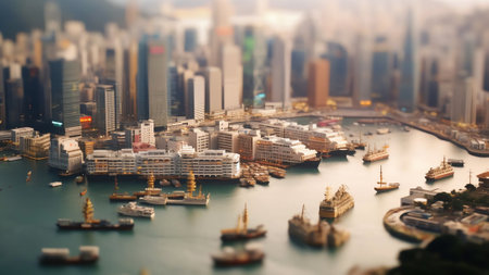 Generative AI : Aerial view of Hong Kong skyline along the waterfront at sunset Kowloon district Hong Kong Chinaの素材