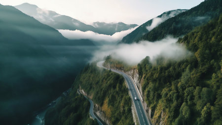 Generative AI : Aerial view of a road across the mountains at sunset with low clouds Himare Vlore Albaniaの素材