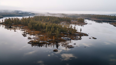 Generative AI : Aerial view of sunrise over peninsula in frozen lake in Soukolojarvi Swedenの素材
