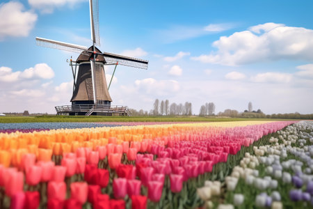 Generative AI : Aerial view of asphalt road surrounded by beautiful colorful tulip fields in Lisse Netherlandsの素材
