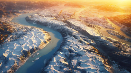 Generative AI : Panoramic aerial view of Skaftafell Glacier at sunset Austurland Icelandの素材