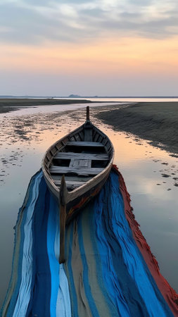 Generative AI : View of traditional wooden boats for fishing along the shore in Coxs Bazar Bangladeshの素材