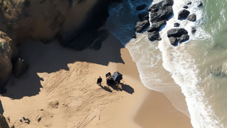 Generative AI : Aerial view of a person with a horse along the shoreline on the beach in Coxs Bazar Bangladeshの素材