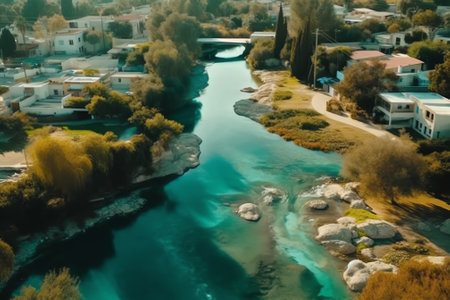 Generative AI : Aerial view of Terme di Petriolo Hot springs along the banks of a small river set in a wooded valley Monticiano Grosseto Tuscany Italyの素材