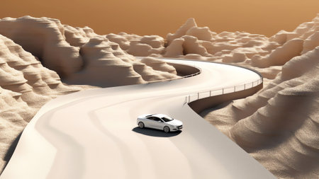 Generative AI : Aerial view of white car driving on curved road through desert in Fuerteventura islandの素材