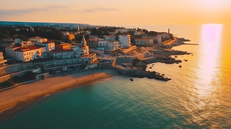 Generative AI : Aerial view of Marbella a small city along the Mediterranean Sea coastline at sunset Malaga province Andalusia Spainの素材