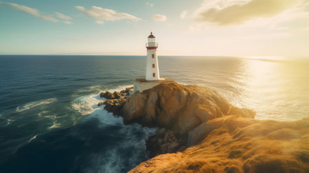Generative AI : Aerial view of Cabo da Roca lighthouse a natural coastline with a viewpoint over the cliffs facing the Atlantic Ocean Colares Lisbon Portugalの素材
