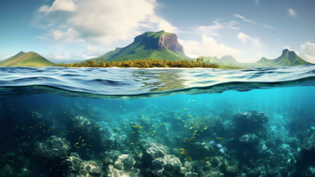 Generative AI : Panoramic aerial view of Le Morne mountain with famous underwater waterfall Le Morne Brabant Mauritiusの素材
