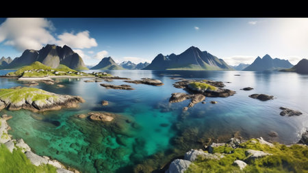 Generative AI : Aerial view of Haukland beach in Hauklandstranda leknes Lofoten Islands Nordland Norwayの素材
