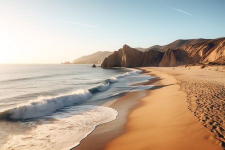 Generative AI : Aerial view of a person walking on the beach at sunset at Playa de los Amantes Cabo San Lucas Baja California Mexicoの素材