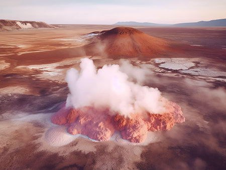 Generative AI : Aerial view of a volcanic hot spring with sulphuric smoke Namafjall Hverir viewpoint Northeastern Region Icelandの素材