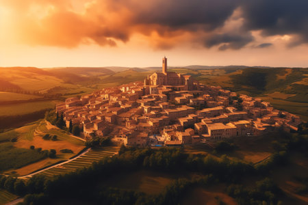Generative AI : Aerial view of Ragusa Ibla a medieval town on the hillside with Ibleo Garden in foreground at sunset in Sicily Italyの素材