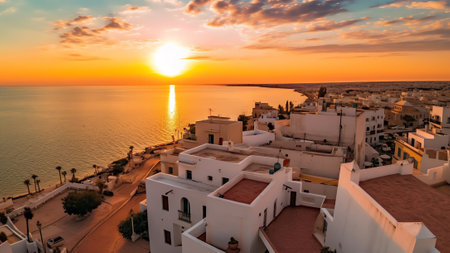 Generative AI : Aerial view of Follonica a small town along the Mediterranean Sea in Grosseto province at sunset Tuscany Italyの素材