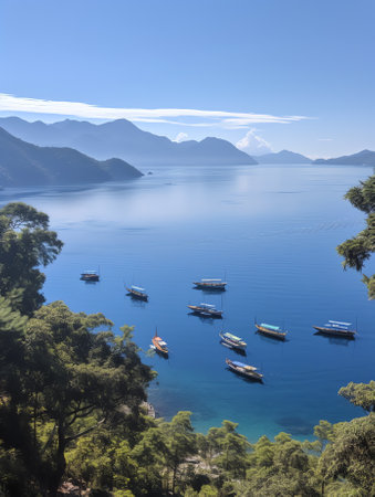 Generative AI : Aerial view of a many Catamaran boats along Coron Island coastline Bayan ng Coron Palawan Philippinesの素材
