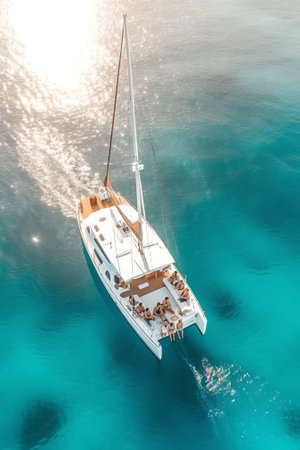 Generative AI : Aerial view of people hanging out on a boat in Kemer Turkeyの素材