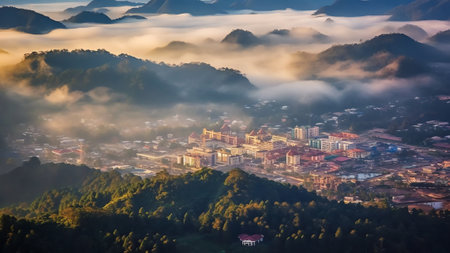 Generative AI : Aerial view of a residential district in early morning mist with Marglla Hills in background Islamabad Pakistanの素材