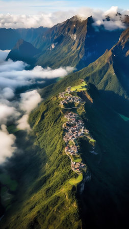 Generative AI : Aerial view of a road following the coastline along the mountain at Dutch Harbour on Amaknak Island in Unalaska Bay Alaska United Statesの素材
