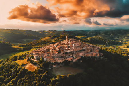 Generative AI : Aerial view of Siena old town at sunset Tuscany Italyの素材