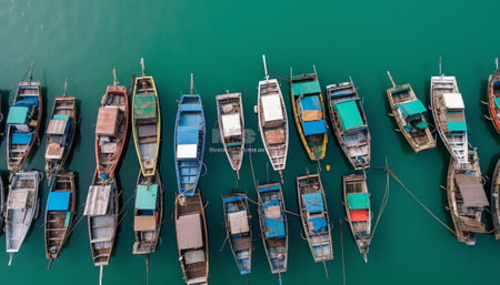 Generative AI : Aerial view of a few fishing boats in Marzamemi harbour Pachino Syracuse Sicily Italyの素材
