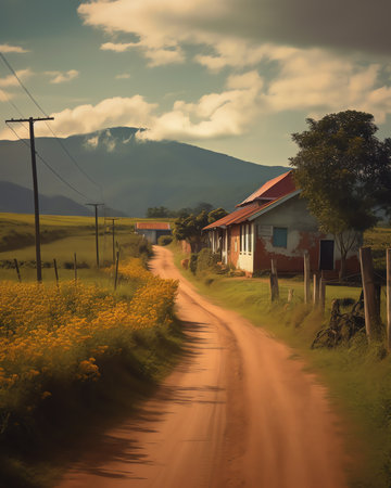 Generative AI : Aerial view of a mountain landscape at sunset with an abandoned house along the road in Quixeramobim Cear Brazilの素材