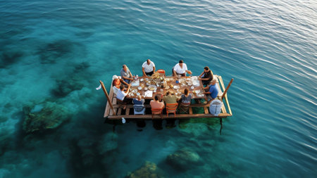 Generative AI : Aerial view of group of people having fun while riding water bikes at lake Plastira in Greeceの素材