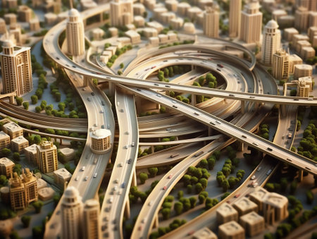 Generative AI : Aerial view of cars on flyover roads in Dubai UAEの素材