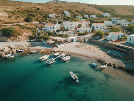 Generative AI : Aerial view of the beach at the port in Fanari a small town along the coastline of Thracian Sea East Macedonia and Thrace Greeceの素材