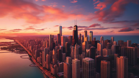 Generative AI : Aerial view of Chicago coastal line with Lake Michigan during scenic sunset USAの素材