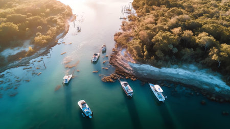 Generative AI : Aerial View of boaters enjoying a stop on their tour through the island chain Berry Islands the Bahamasの素材