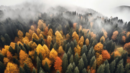 Generative AI : Aerial view of a forest of yellow leaves trees surrounding Mount Kurohime during koyo season Nagano Japanの素材