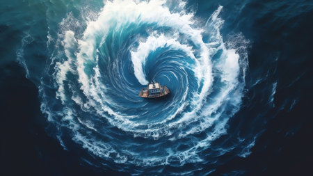 Generative AI : Aerial view of a boat driving in circle in the seaの素材