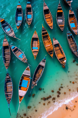 Generative AI : View of traditional wooden boats for fishing along the shore in Coxs Bazar Bangladeshの素材