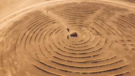 Generative AI : Aerial view of a car driving in between two agricultural circles in the middle of the Saih Al Salam Desert in Dubai UAEの素材