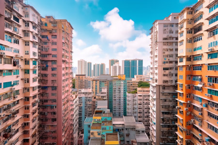 Generative AI : Aerial view of Kowloon residential district skyline in Hong Kongの素材