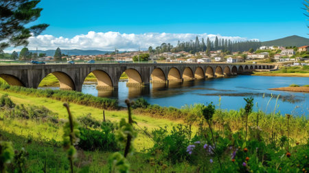 Generative AI : Aerial view of Illa de Arousa and Vilanova de Arousa in Ria de Arousa Pontevedra Galicia Spainの素材