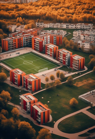 Generative AI : Aerial view of a small football field in a residential district of Mudanya a small town along the Marmara Sea coastline Bursa Turkeyの素材