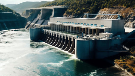 Generative AI : Aerial view of Hydroelectric plant on Qaraoun Lake West Bekaa Lebanonの素材