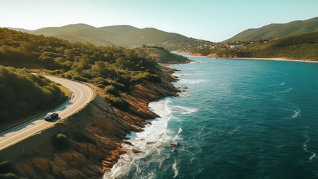 Generative AI : Aerial view of a heavy duty truck unloading stones into the Mediterranean Sea along the beach coastline in Follonica Grosseto Tuscany Italyの素材
