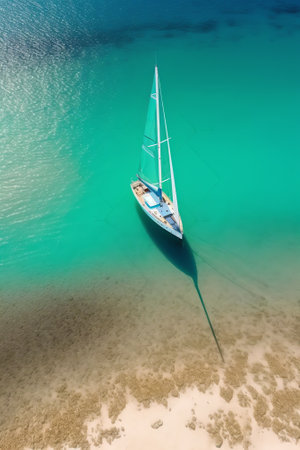 Generative AI : September 1 2019 Aerial View Of Sail Boat Anchored Along The Shore Of Tropical Island Beach In Arraial Do Cabo Brazilの素材