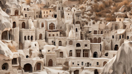 Generative AI : Aerial view of tourists visiting Uchisar Castle in Uchisar old town carved with caves and numerous tunnels Cappadocia Nevsehir Turkeyの素材