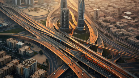 Generative AI : Aerial view of a car on road with arrow signs in Dubai UAEの素材