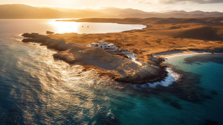 Generative AI : Aerial view of Ocaklar at sunset along the Marmara Sea Balikesir Peninsula Turkeyの素材