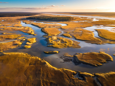 Generative AI : Aerial view of dike between nature reserve Tetjehorn and lake Schildmeer t Roegwold province of Groningen The Netherlandsの素材