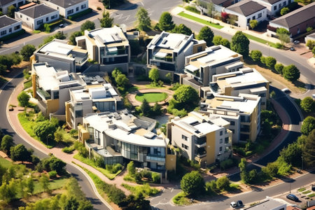 Generative AI : Aerial view of a residential district at Bokarina Foreshore Bushland Reserve along the coastline in Sunshine Beach Queensland Australiaの素材
