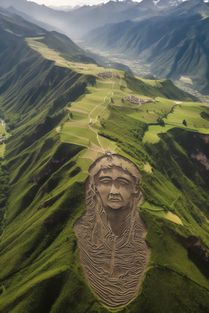 Generative AI : Aerial view of cliff right at the end of a village full of green fields Aliabad Hunza Valley Gilgit Baltistan Pakistan Karakoram range of the Himalayasの素材
