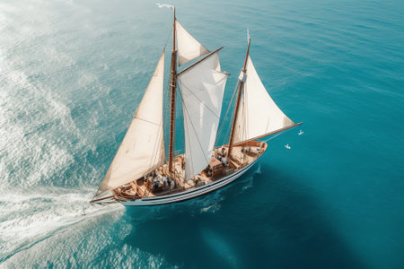 Generative AI : Aerial view of sailing boats navigating on the Indian Ocean among the Atolls on Maldives archipelagosの素材