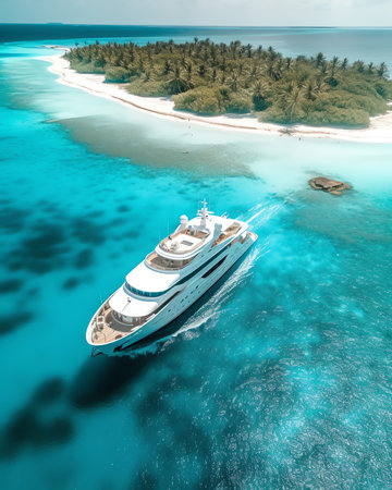 Generative AI : Aerial view of sailing boats along Vaavu Atoll on Maldives archipelagosの素材