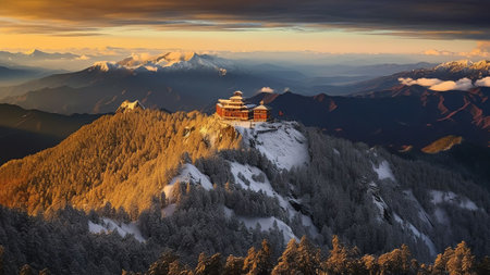Generative AI : Aerial view of a mountain landscape with snow in wintertime from Mount Terminio Serino Avellino Irpinia Campania Italyの素材