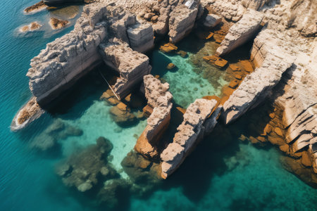 Generative AI : Aerial View of rocky iron shore coastline with calm crystal clear water the Bahamasの素材