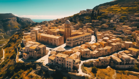 Generative AI : Aerial view of a road crossing Peschici old town near Foggia Gargano Natural Park Puglia Italyの素材
